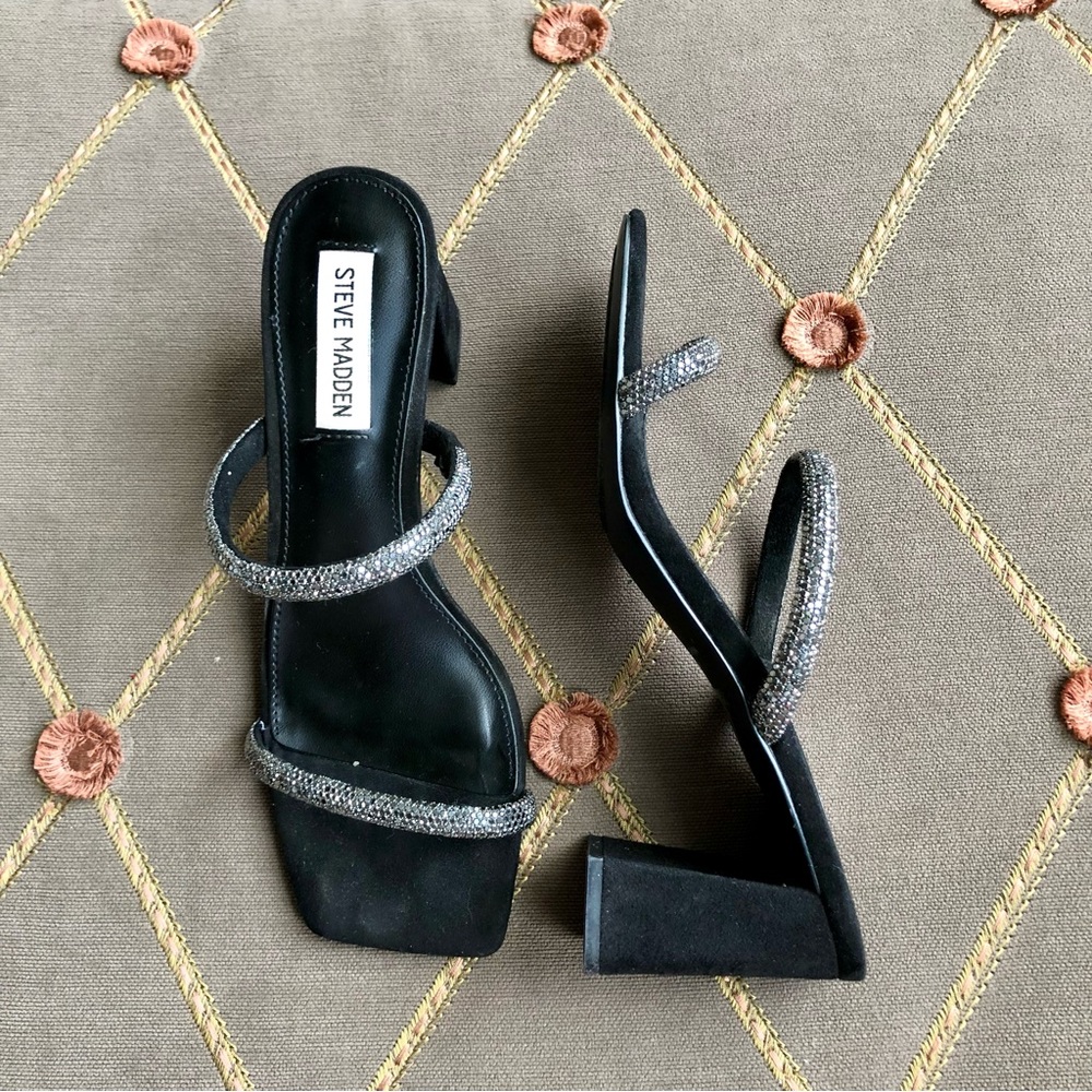Sold Steve Madden Sandals Slides with High Heel in Silver Sparkle & Black (7.5) - Picture 1 of 7